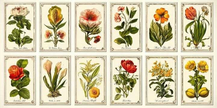 Vintage seed packet designs arranged into a grid botanical poster