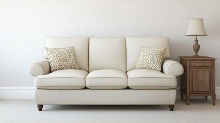 Fototapeta premium A comfortable beige sofa rests next to a wooden side table