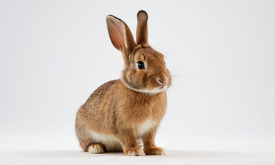 A brown rabbit sits on a clean white floor, providing a cute and innocent scene