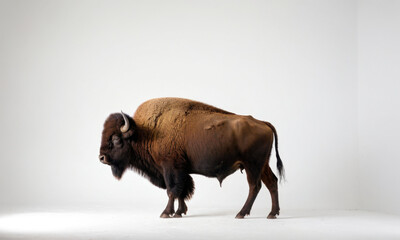 A bison stands in a clean and minimalist space