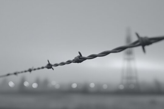 minimalist image of prison courtyard featuring barbed wire and guard tower with ample copy space