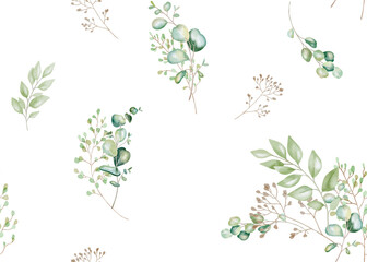 Hand-drawn watercolor seamless pattern of elegant eucalyptus branches with lush, aromatic leaves. Perfect for prints, minimalist home decor, wallpapers, wrap paper packages, clothes, backgrounds.