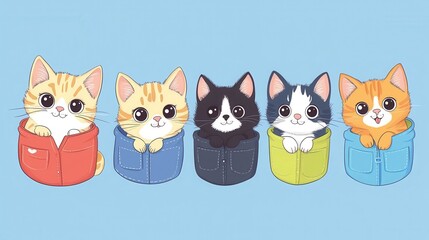 Fototapeta premium Doodle pocket cats. Kitten in pockets, happy cartoon cute cat. Fashion baby pet, adorable kittens faces. Childish mascot, kids decorative nowaday vector characters illustration