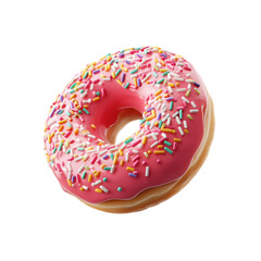 A pink frosted donut topped with colorful sprinkles, round shape and inviting texture.