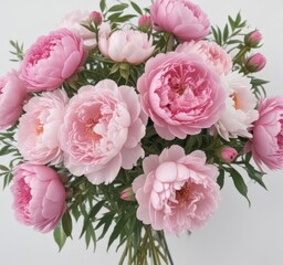 Fototapeta premium Delicate pink peonies & roses bouquet White backdrop Copy space , petals, peony, floral