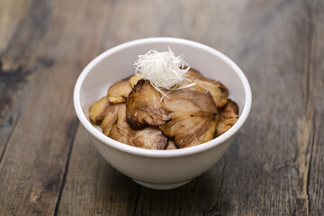 Chashu pork rice bowl, One of the standard side menu at Japanese ramen restaurants.