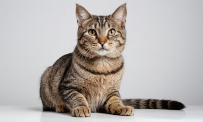 Obraz premium A domestic cat sits on a table, looking directly at the camera with curiosity