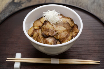 Chashu pork rice bowl, One of the standard side menu at Japanese ramen restaurants.