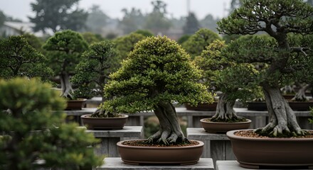 A stunning display of carefully cultivated bonsai trees, showcasing nature's miniature artistry.