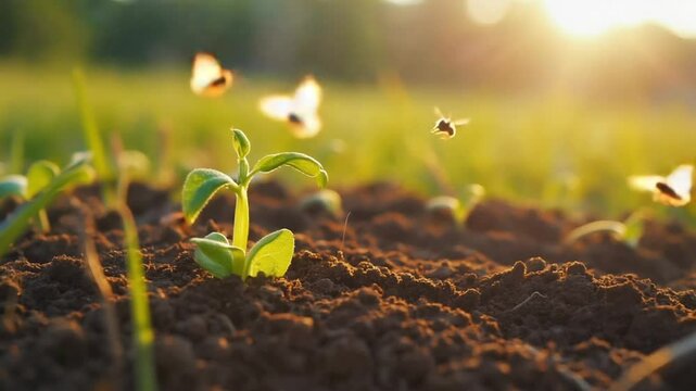 Timelapse small plant growing seed thriving ecosystem. plant grows, bees butterflies appear, birds and plants, plant-life in sustaining ecosystem. interconnection species overall health environment