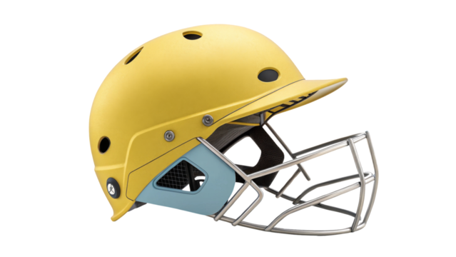 Yellow cricket helmet with metal grille, Chennai Super Kings (CSK) style, isolated on transparent background, professional cricket safety gear close-up
