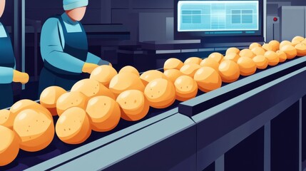 Close up of potatoes being inspected by quality control workers on the conveyor belt illustration