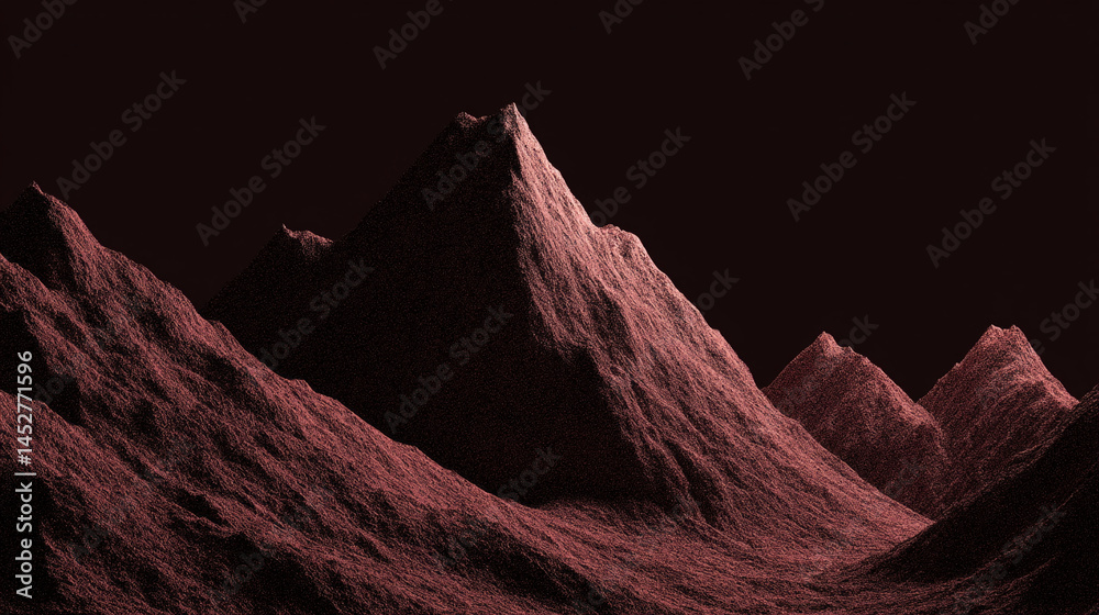 Poster stylized maroon mountainscape, rendered in textured points, creating a dark, dramatic, and abstract 