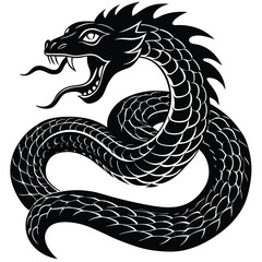 Fototapeta premium Black Snake Vector Illustration: Coiled Serpent with Open Mouth, Fangs, and Tongue - Detailed Reptile Art Design