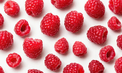 Fresh raspberries arranged on a white background