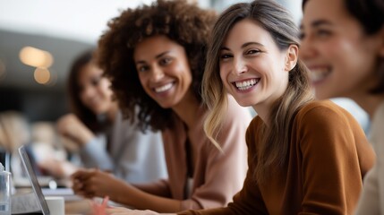 Obraz premium A group of four happy multi-ethnic business women is having a productive meeting in a bright, contemporary office. They are engaged in discussion, showcasing teamwork and camaraderie