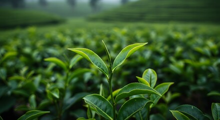 Obraz premium Vibrant green tea leaves capture a tranquil scene in a beautiful plantation.