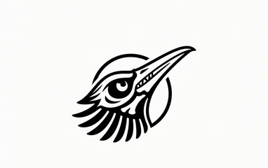 Fototapeta premium Logo of a bird's head with sharp eyes and teeth and long nose hair visible, looking upwards with its beak up, center, white background and plain and also transparent without any effects, 