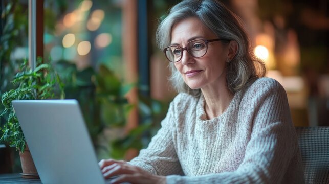 Mature adult 60s aged woman working at laptop watching video conference webinar training, virtual meeting. Business lady e learning online computer classes, typing, seniors and remote education. illu