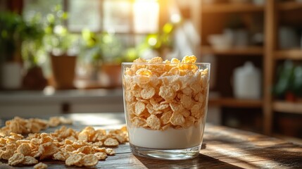 Glass filled with cereal and yogurt on a table in a kitchen.