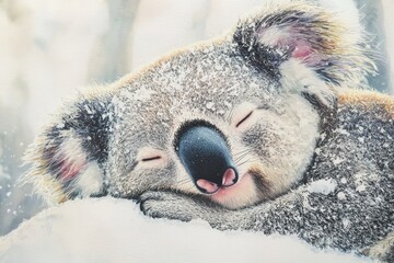 Obraz premium Sleeping Koala in Winter Snow with Gentle Colors and Soft Texture