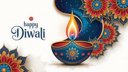 Happy Diwali Illustration Featuring Luxurious Deep Blue Gold Diya Lamp Glowing Flame Intricate Mandala Patterns Vibrant Red Blue Gold Tones on White Background for Festive Greeting Cards Invitations