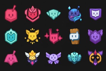 Cute Cartoon Game Badges Collection: A playful and vibrant collection of 20 cute cartoon game badges in various colors and styles, perfect for adding a touch of fun and character to your game.  