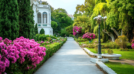 Obraz premium Park path with flowers and building