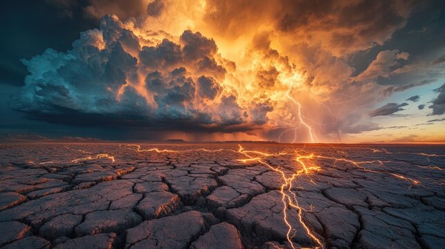 A glowing horizon interrupted by massive storm clouds rolling in above a cracked desert floor