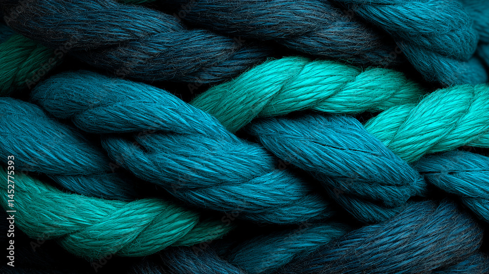 Poster close-up of teal and dark blue rope texture, showing intricate interwoven strands, symbolizing stren