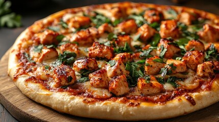 Chicken pizza with herbs on wooden board, kitchen backdrop