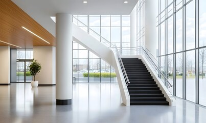 Obraz premium Modern Stairwell with Glass Windows: A sleek and contemporary staircase with a black tread dominates a modern lobby space.