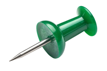 Macro shot of a green pushpin with a sharp metal point on black
