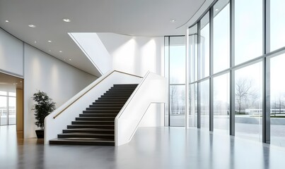 Obraz premium Elegant Architectural Staircase: A modern, minimalist interior showcases a pristine staircase, its sleek design complemented by expansive windows that frame a serene exterior.
