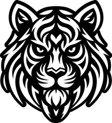Tribal Tiger Head Icon. Bold and detailed black and white vector illustration of a stylized tiger head with tribal and ornamental patterns.  this graphic is ideal for tattoo designs, sports team logos