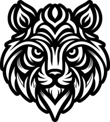 Tribal Tiger Head Icon. Bold and detailed black and white vector illustration of a stylized tiger head with tribal and ornamental patterns.  this graphic is ideal for tattoo designs, sports team logos