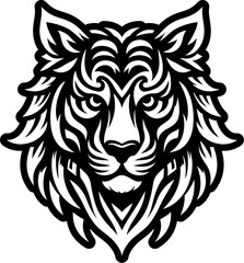 Fototapeta premium Tribal Tiger Head Icon. Bold and detailed black and white vector illustration of a stylized tiger head with tribal and ornamental patterns. this graphic is ideal for tattoo designs, sports team logos