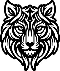 Tribal Tiger Head Icon. Bold and detailed black and white vector illustration of a stylized tiger head with tribal and ornamental patterns.  this graphic is ideal for tattoo designs, sports team logos