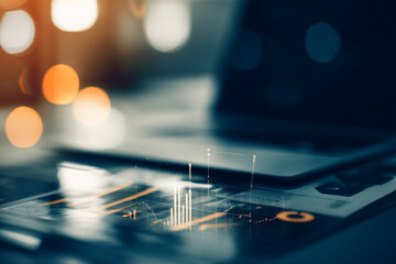 Blurred image of financial charts overlaid on documents and laptop, suggesting business analytics and data visualization, representing progress and growth in a professional setting