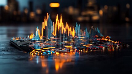 3D graph overlayed on cityscape, orange and blue hues, technological data