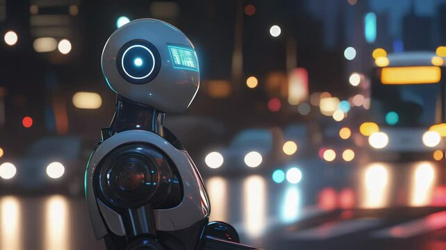 Friendly robot in nighttime city