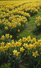 Fototapeta premium Sunlit daffodils burst forth in a vibrant yellow, creating a sea of color against a lush green field , blossom, bright