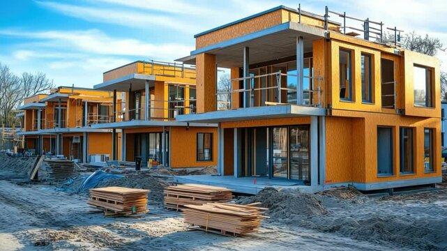 A residential complex of modern modular houses, a smart home with a modern design, combining environmental friendliness and efficiency of residential architecture. The complex is at the stage of const