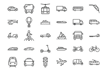 Transportation and Vehicle Icon Set – Line Art Vector Symbols of Travel, Public Transit, and Logistics