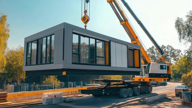 A modern modular home, a smart home with a modern design and built-in furniture, combining sustainability and efficiency in residential architecture, is installed by workers on a previously prepared s