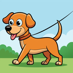 Happy dog walking on a leash in a park