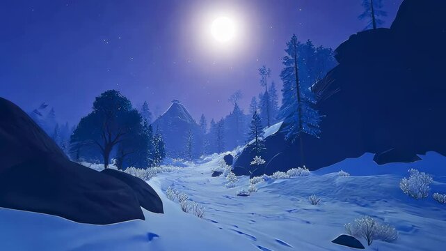 A 3D low-poly snowy forest level illuminated by bright moonlight, with realistic video game lighting.
