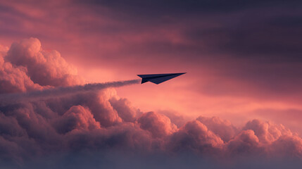 Paper airplane flying above pink clouds at sunset, symbolizing freedom, dreams, and aspirations,  a journey towards goals