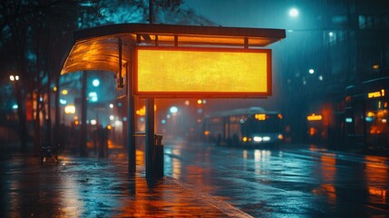 Blank billboard at rainy night bus stop, city traffic