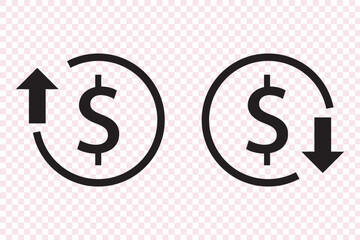 set of cost symbol dollar increase and decrease icon, money, dollar sign with arrow up and down rounded black vector icon.